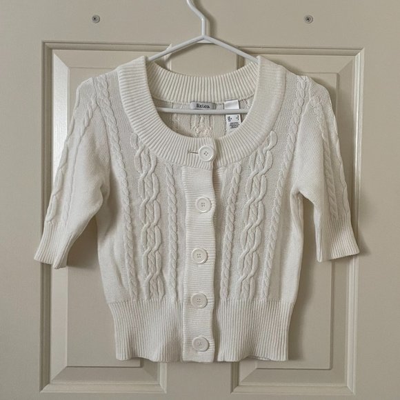 Liz & Co 100% Cotton Cropped White Button-up Sweater Size Small - Picture 1 of 3
